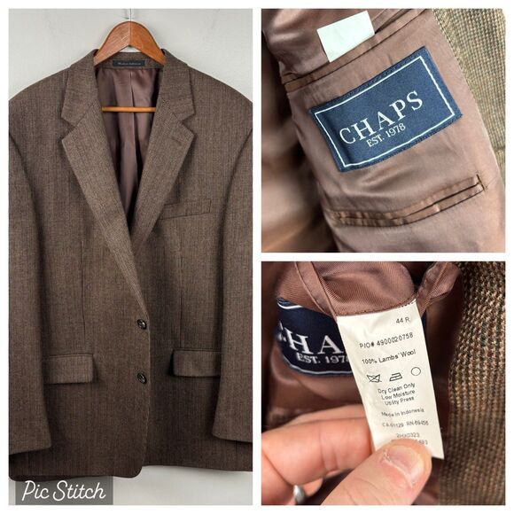 Chaps Ralph Lauren Sport Coat Mens 44R Brown Blue Lambs Wool Herringbone Blazer - Picture 1 of 7